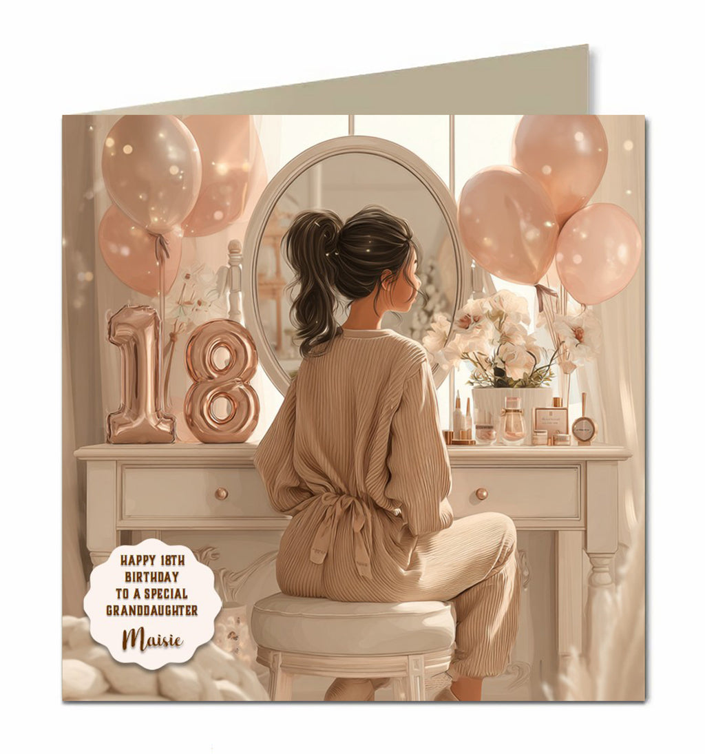 18th Birthday Card For Girls, Granddaughter, Niece, Daughter, Friend, Teenager, Personalised, Dressing Table, Brown Hair,