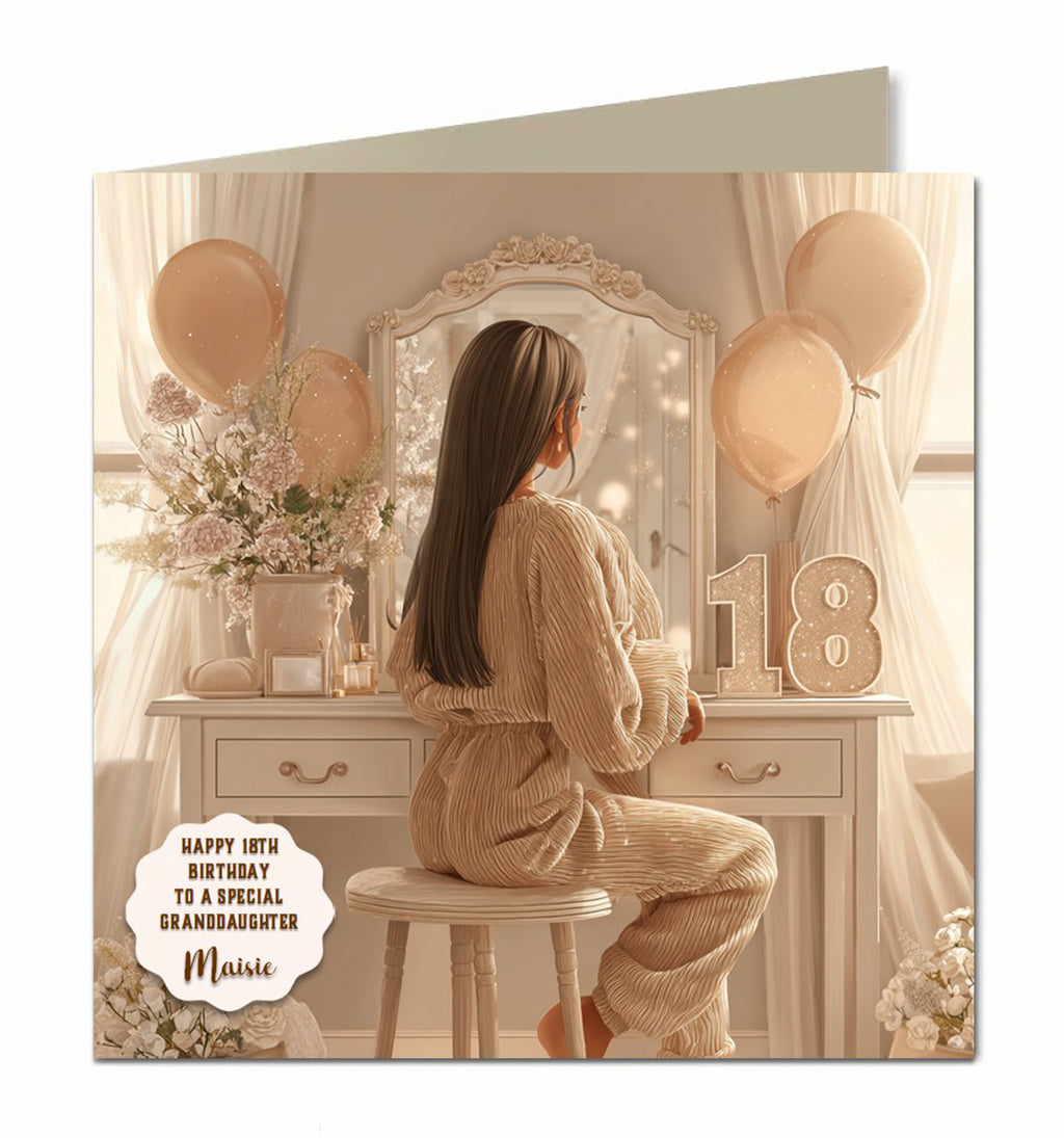 18th Birthday Card For Girls, Granddaughter, Niece, Daughter, Friend, Teenager, Personalised, Dressing Table, Brown Hair,