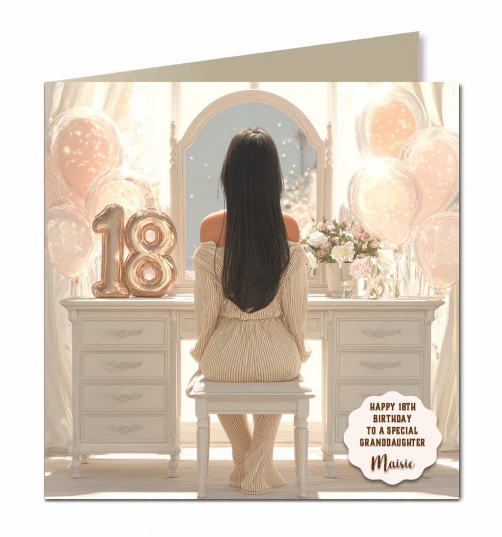 18th Birthday Card For Girls, Granddaughter, Niece, Daughter, Friend, Teenager, Personalised, Dressing Table, Black Hair,