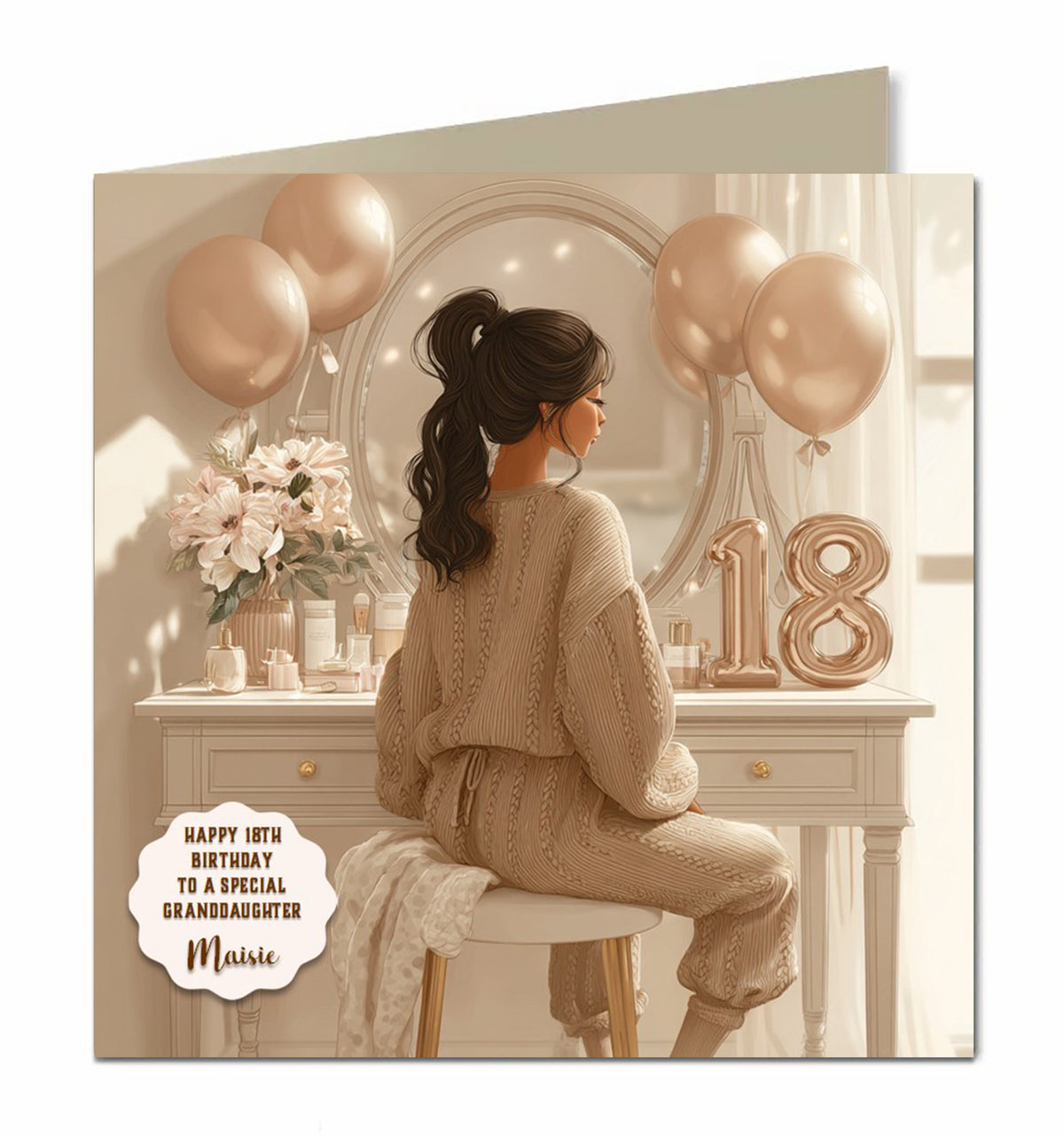 18th Birthday Card For Girls, Granddaughter, Niece, Daughter, Friend, Teenager, Personalised, Dressing Table, Black Hair,