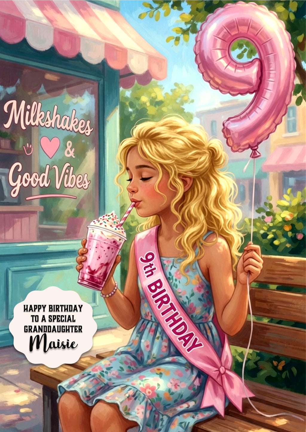 9th Birthday Card Milkshake Girl Granddaughter Daughter Niece Large A5 Size