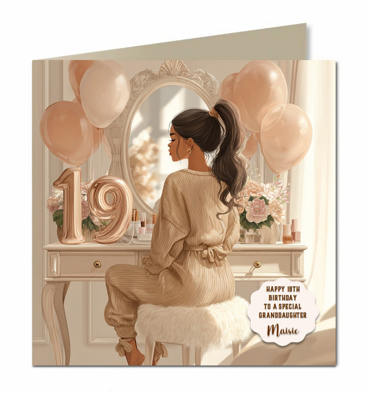 Personalised 19th Birthday Card - Girl at a Dressing Table with Birthday Numbers