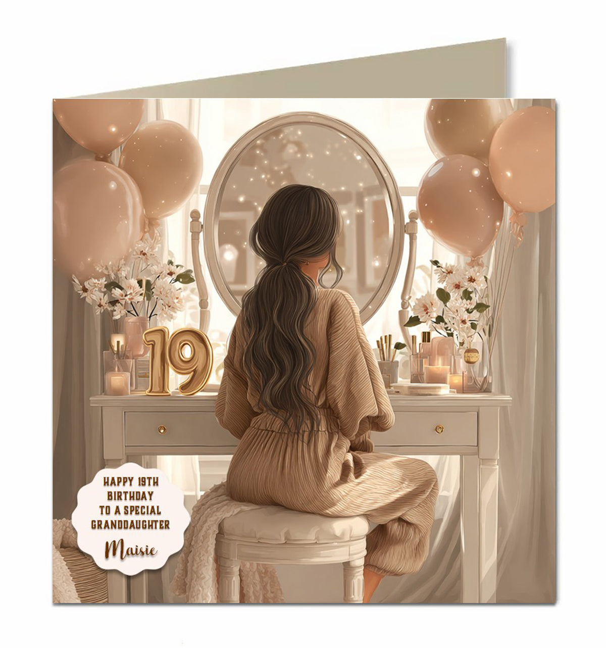 Personalised 19th Birthday Card - Girl at a Dressing Table with Birthday Numbers