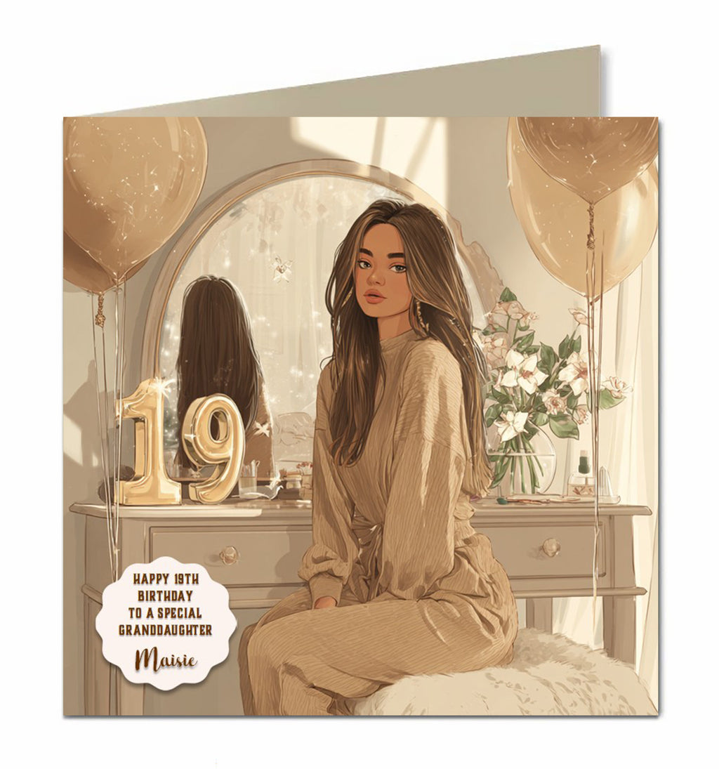 Personalised 19th Birthday Card - Girl at a Dressing Table with Birthday Numbers