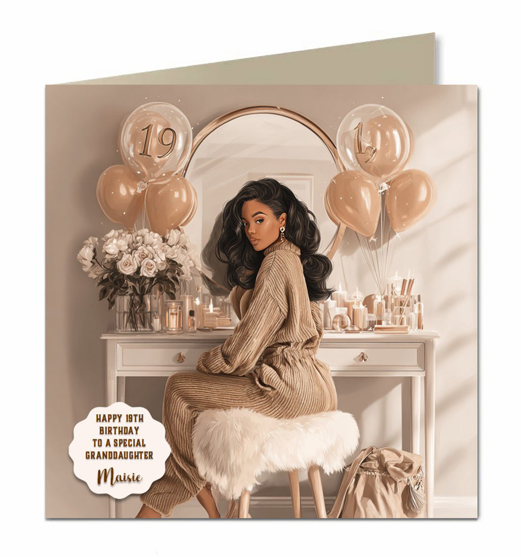 Personalised 19th Birthday Card - Girl at a Dressing Table with Birthday Numbers