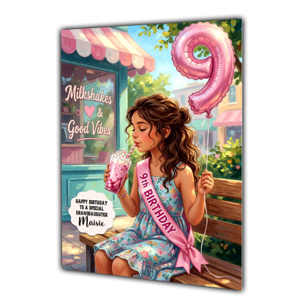 9th Birthday Card Milkshake Girl Granddaughter Daughter Niece Large A5 Size