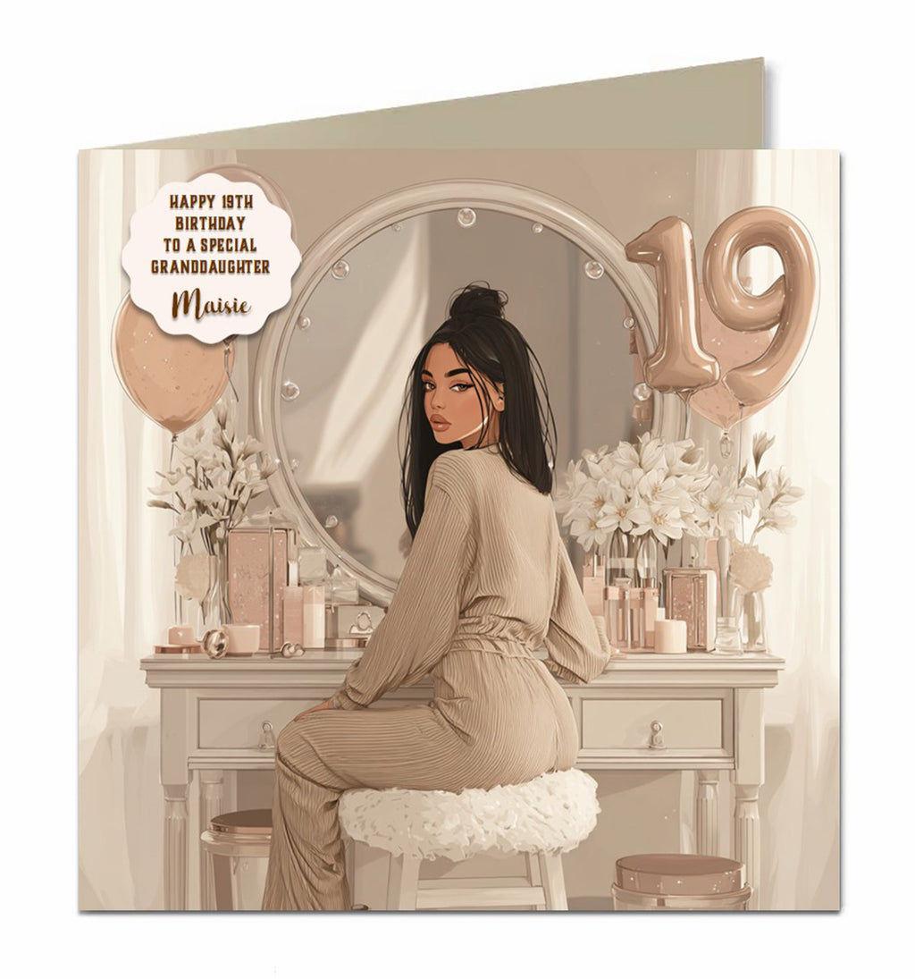 Personalised 19th Birthday Card - Girl at a Dressing Table with Birthday Numbers