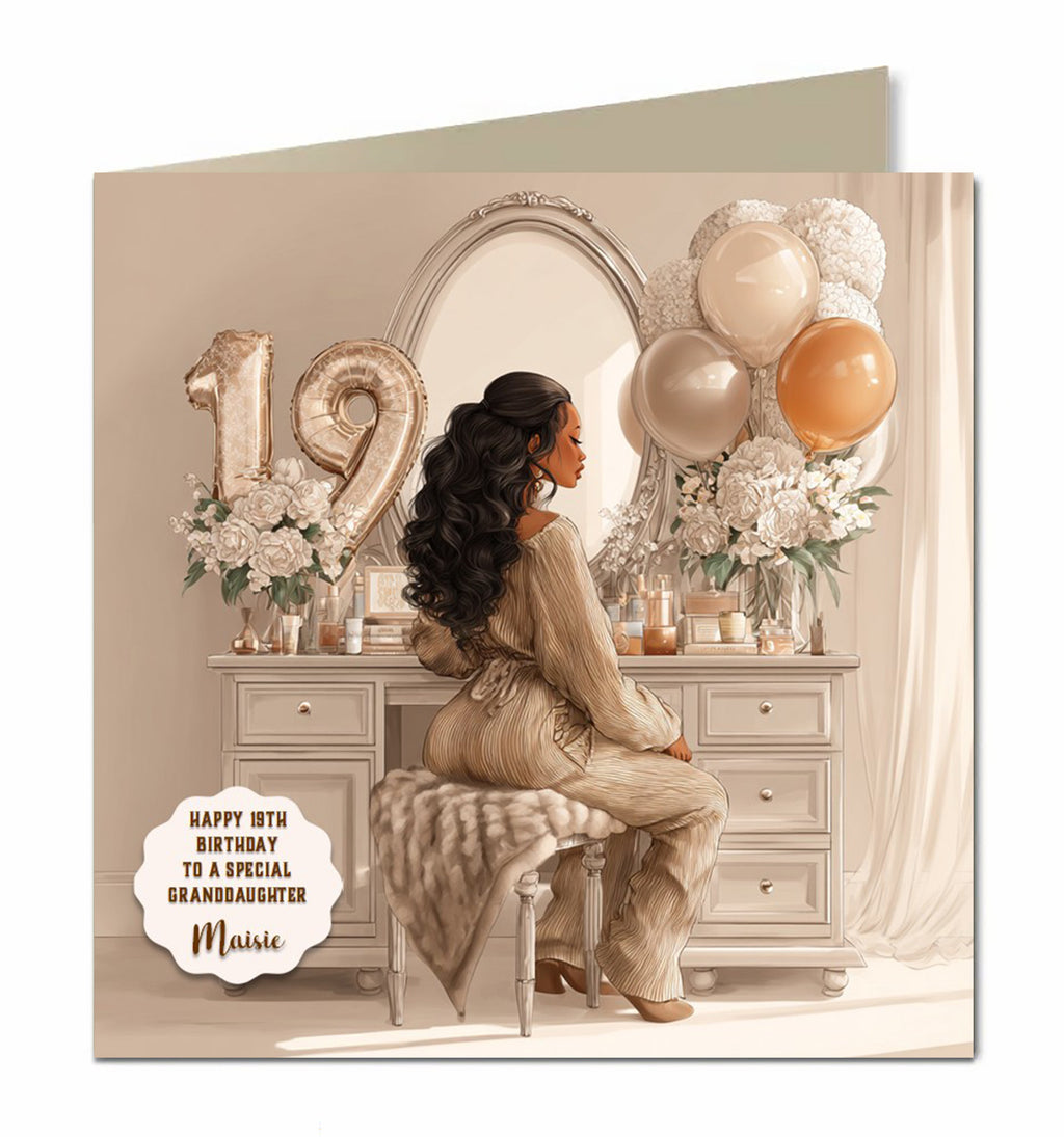 Personalised 19th Birthday Card - Girl at a Dressing Table with Birthday Numbers