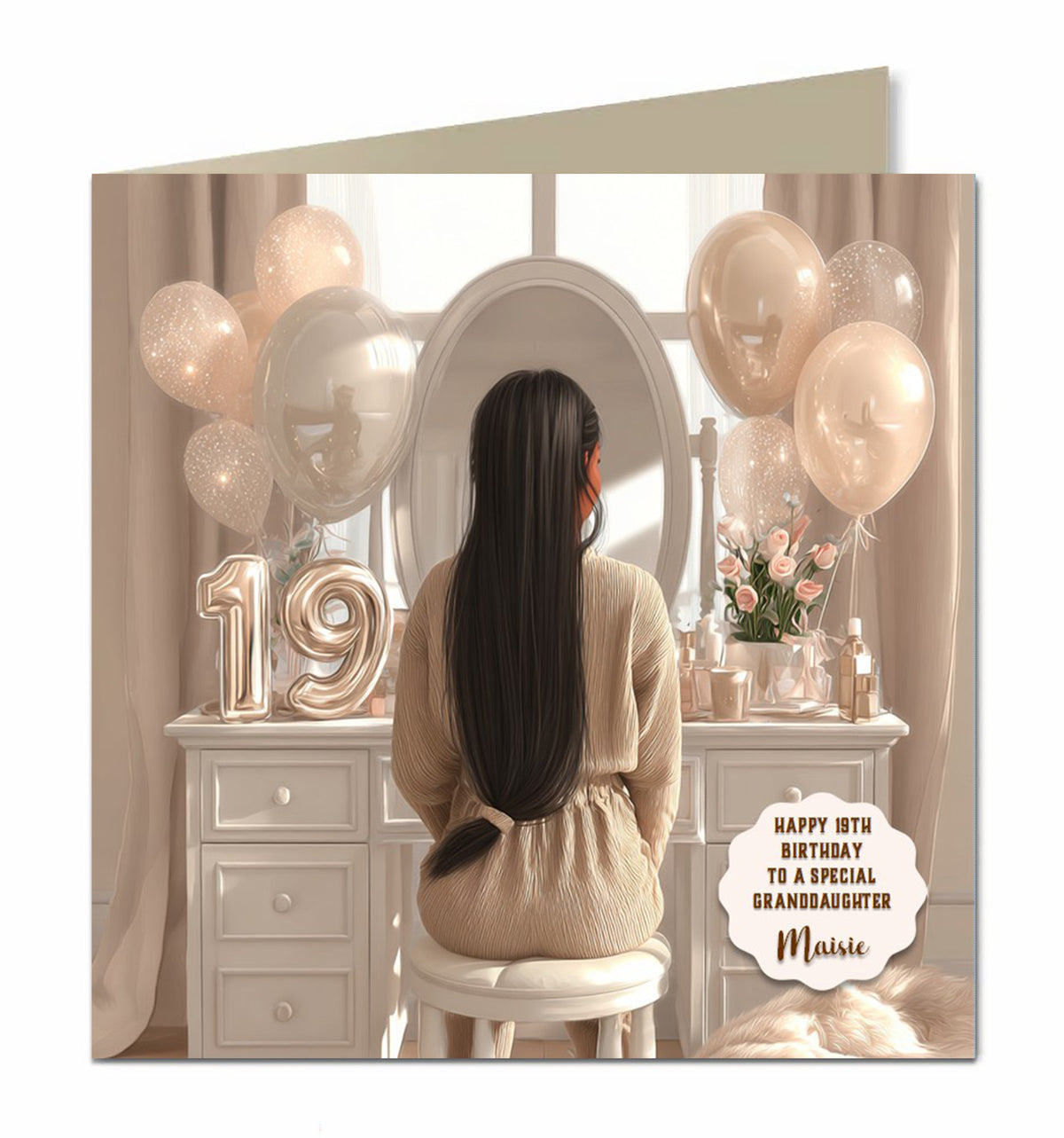 Personalised 19th Birthday Card - Girl at a Dressing Table with Birthday Numbers