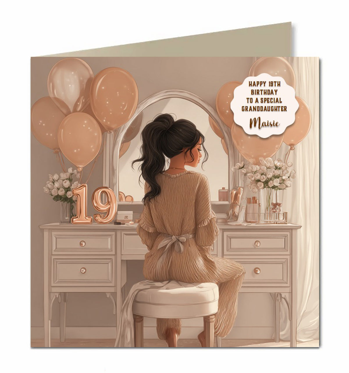 Personalised 19th Birthday Card - Girl at a Dressing Table with Birthday Numbers