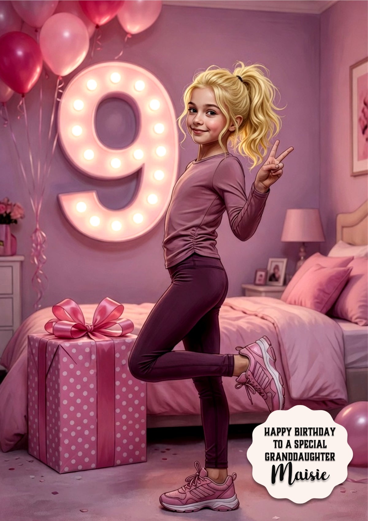 9th Birthday Card Posing Girl Granddaughter Daughter Niece Large A5 Size