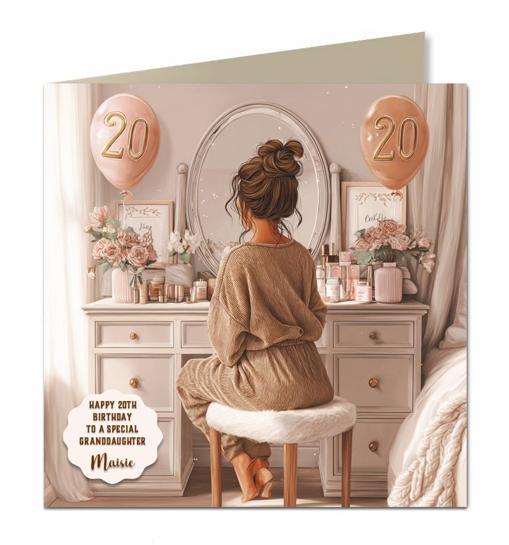 Personalised 20th Birthday Card - Girl at a Dressing Table with Birthday Numbers