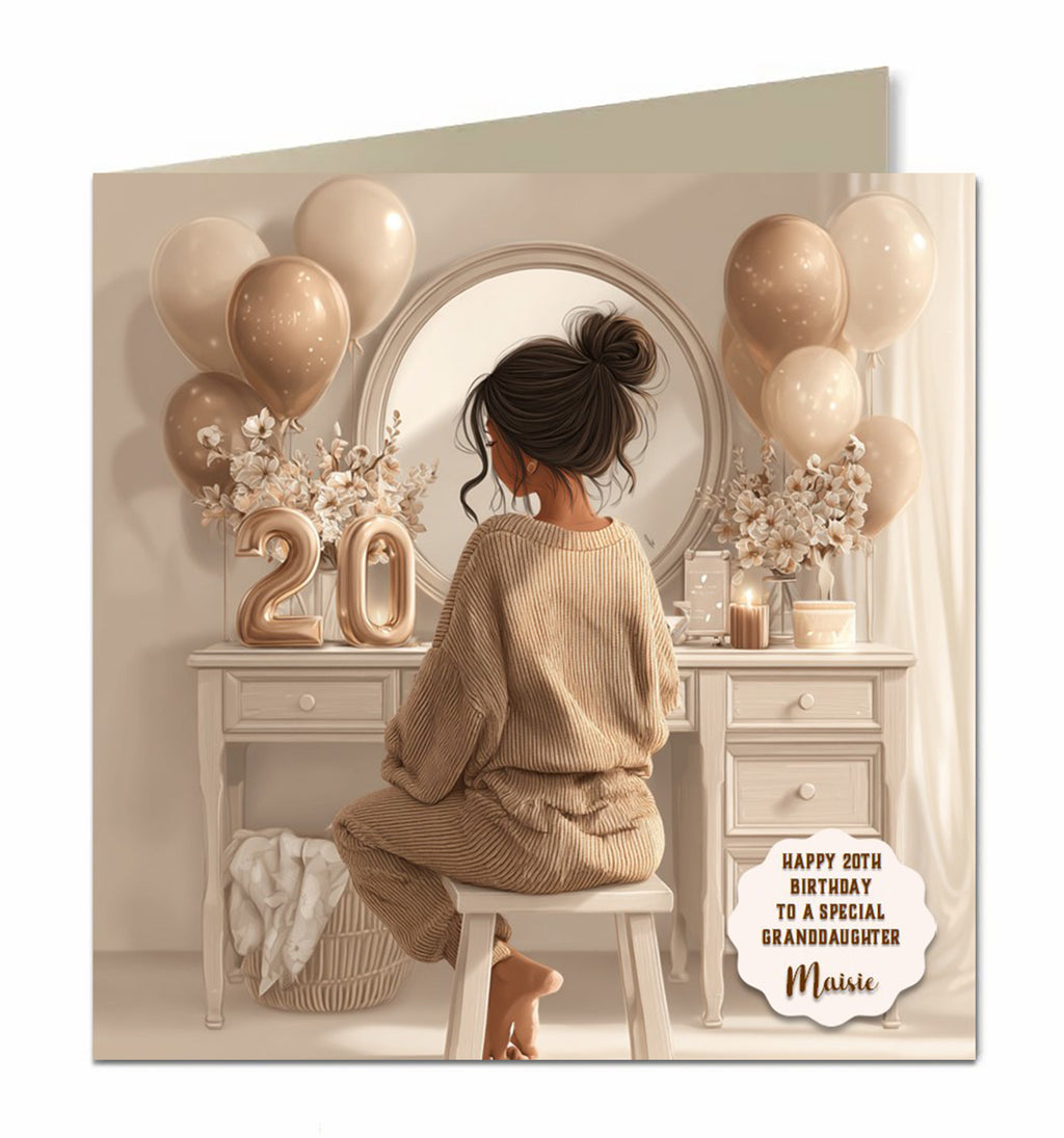Personalised 20th Birthday Card - Girl at a Dressing Table with Birthday Numbers