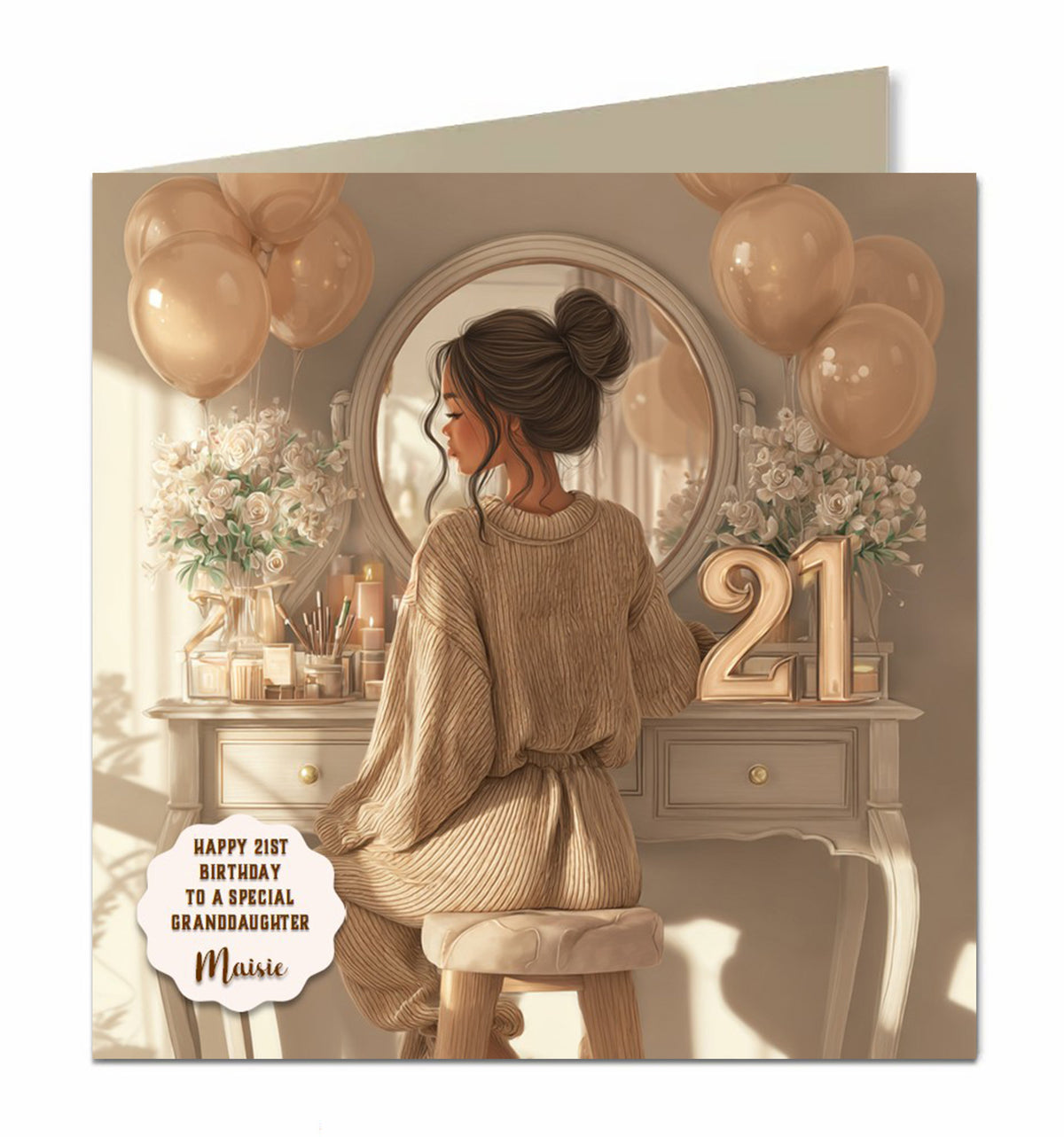 Personalised 21st Birthday Card - Girl at a Dressing Table with Birthday Numbers