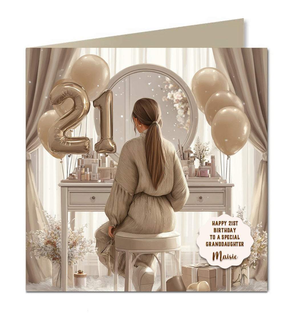 Personalised 21st Birthday Card - Girl at a Dressing Table with Birthday Numbers