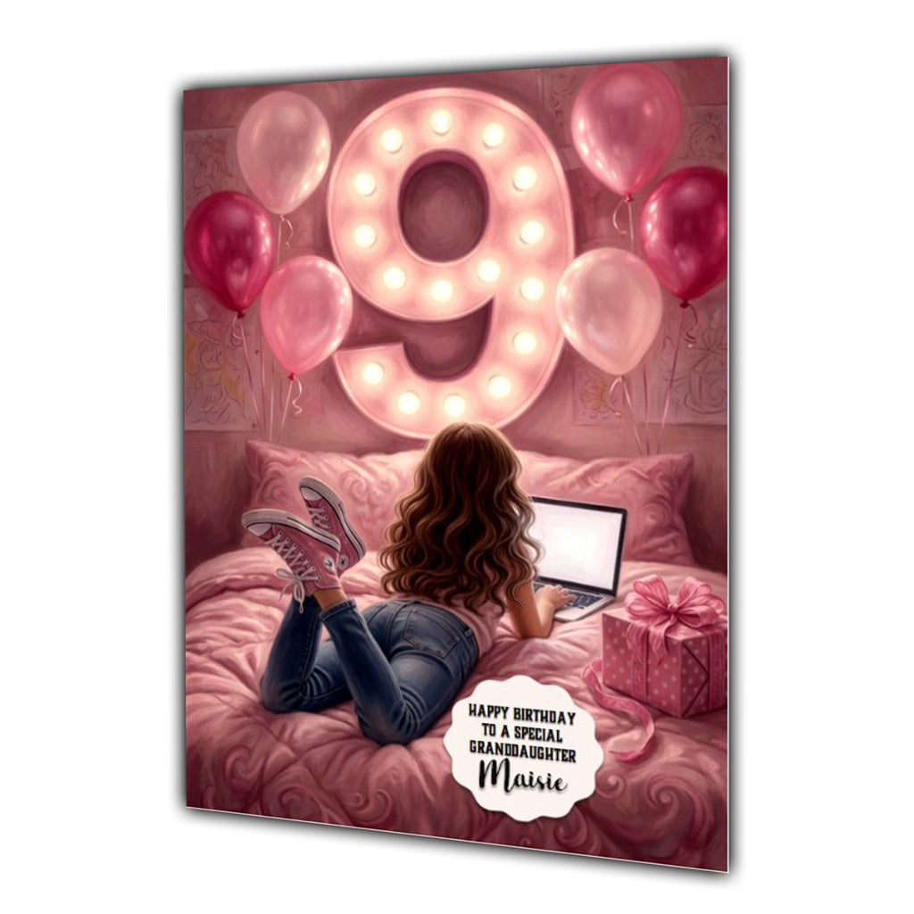 Personalised 9th Birthday Card - Girl Using a Laptop - Brown Hair