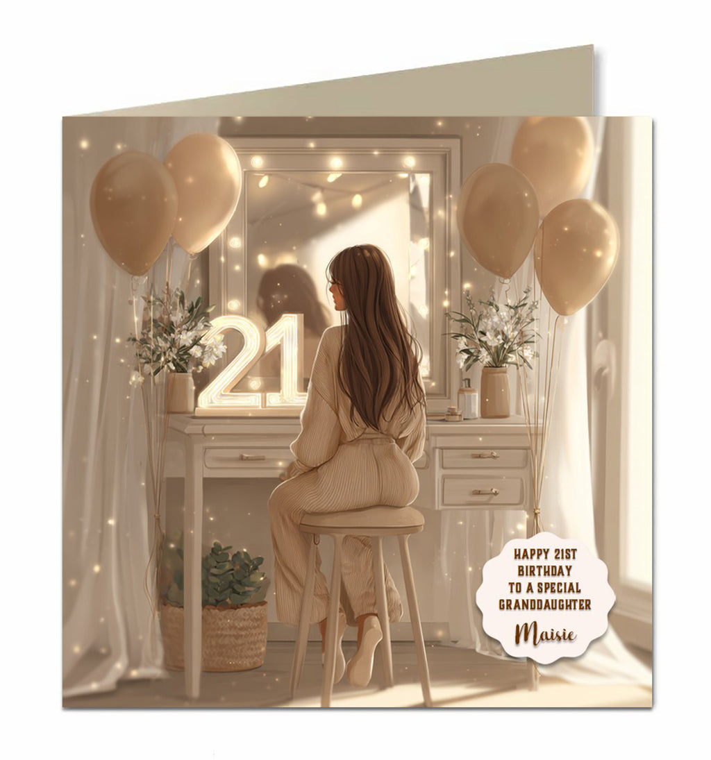 Personalised 21st Birthday Card - Girl at a Dressing Table with Birthday Numbers