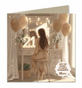 Personalised 21st Birthday Card - Girl at a Dressing Table with Birthday Numbers