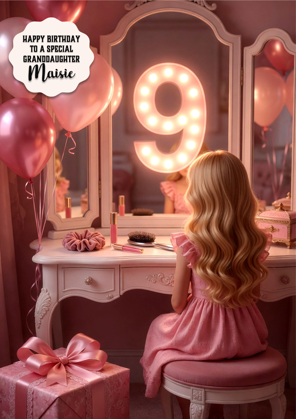 Personalised 9th Birthday Card - Girl at a Dressing Table - Blonde Hair