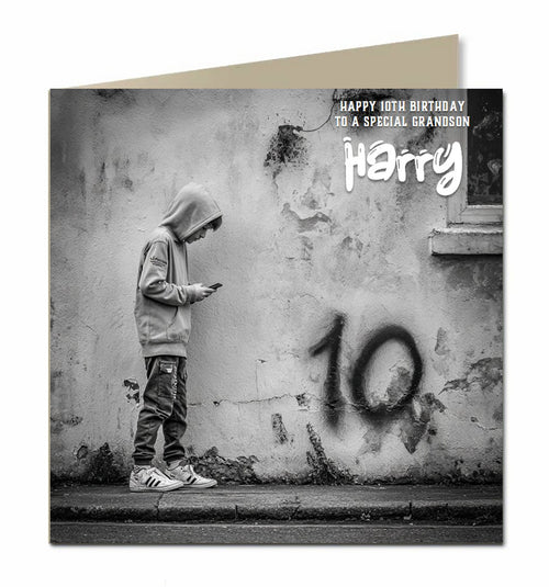 10th Birthday Card for Boys, Grandson, Son, Nephew, Teenager, Trendy, Modern, Selfie, Personalised, 15cm x 15cm, Blank Inside, with White Envelope