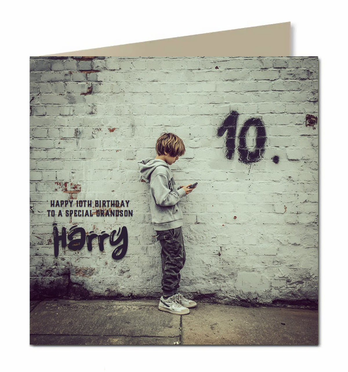10th Birthday Card for Boys, Grandson, Son, Nephew, Teenager, Trendy, Modern, Selfie, Personalised, 15cm x 15cm, Blank Inside, with White Envelope