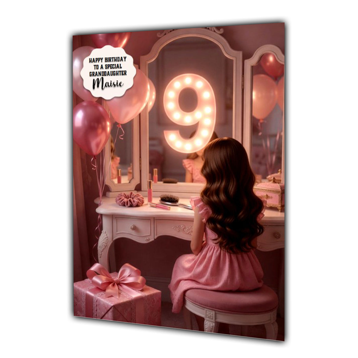 Personalised 9th Birthday Card - Girl at a Dressing Table - Brown Hair