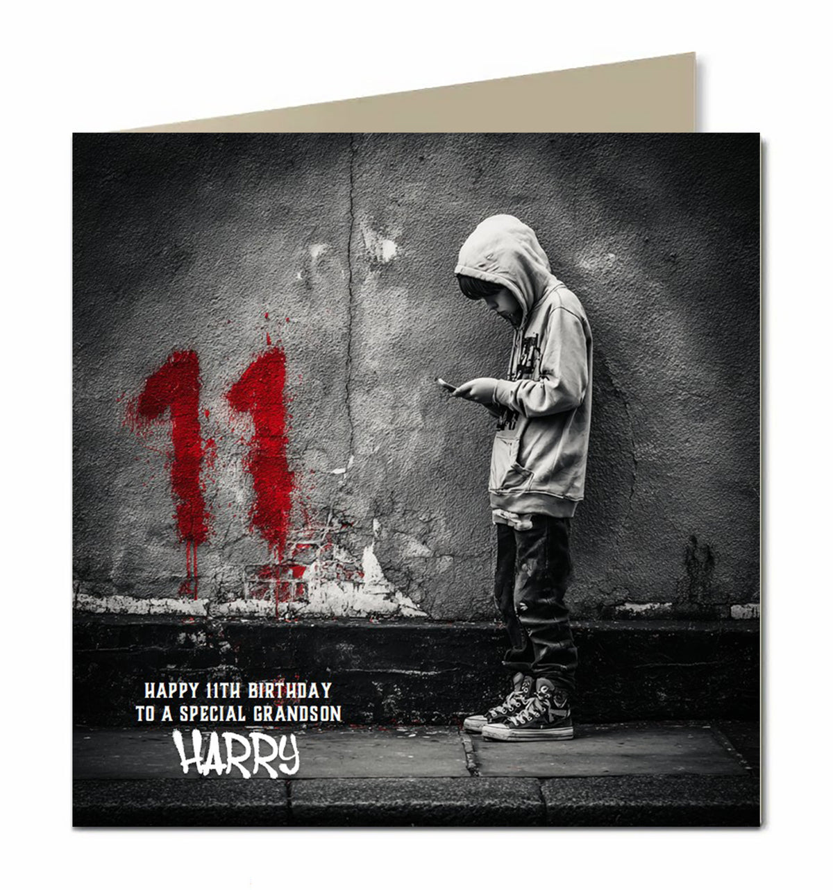 11th Birthday Card for Boys, Grandson, Son, Nephew, Teenager, Trendy, Modern, Selfie, Personalised, 15cm x 15cm, Blank Inside, with White Envelope