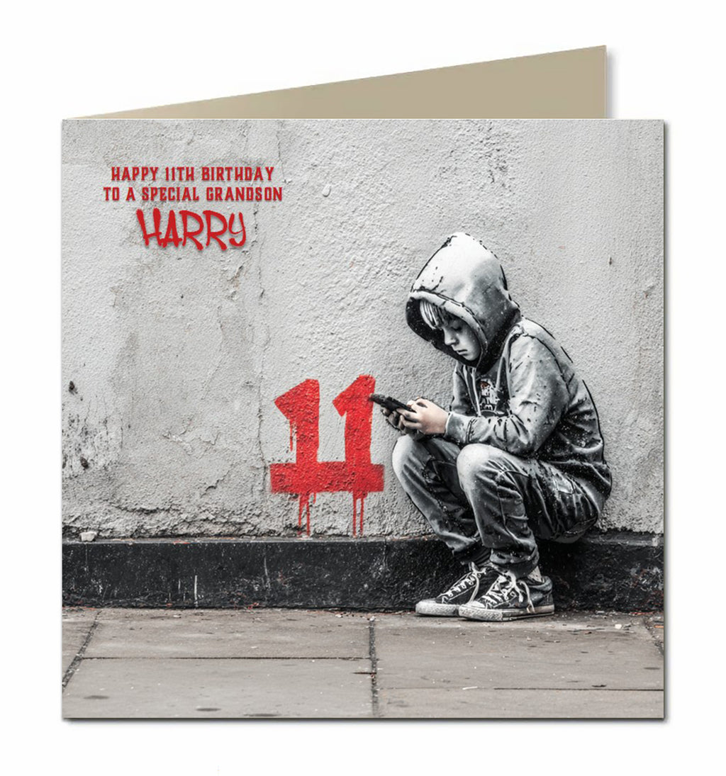 11th Birthday Card for Boys, Grandson, Son, Nephew, Teenager, Trendy, Modern, Selfie, Personalised, 15cm x 15cm, Blank Inside, with White Envelope
