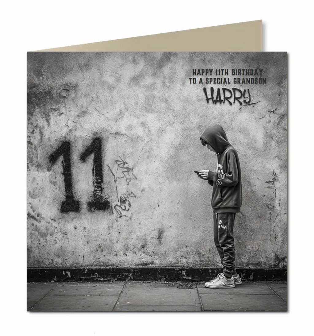 11th Birthday Card for Boys, Grandson, Son, Nephew, Teenager, Trendy, Modern, Selfie, Personalised, 15cm x 15cm, Blank Inside, with White Envelope