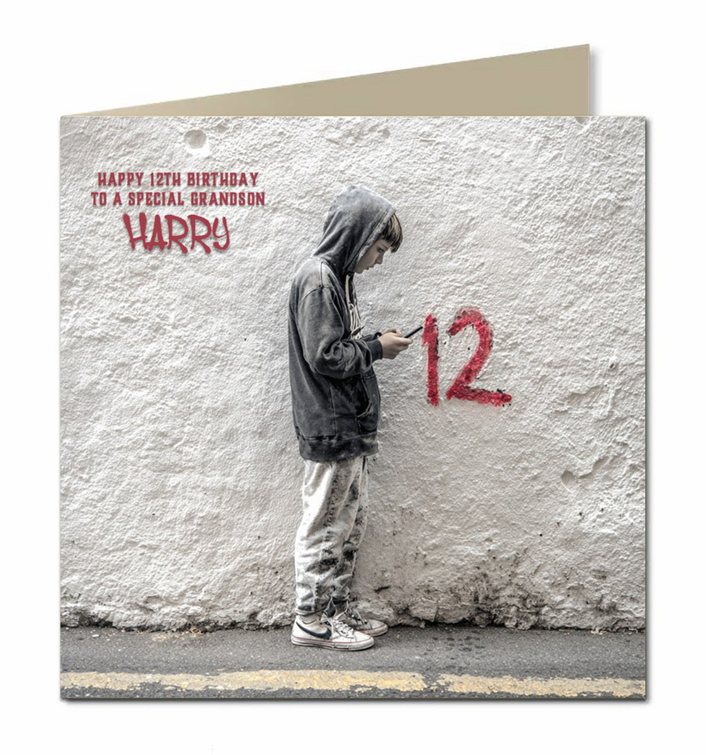 12th Birthday Card for Boys, Grandson, Son, Nephew, Teenager, Trendy, Modern, Selfie, Personalised, 15cm x 15cm, Blank Inside, with White Envelope