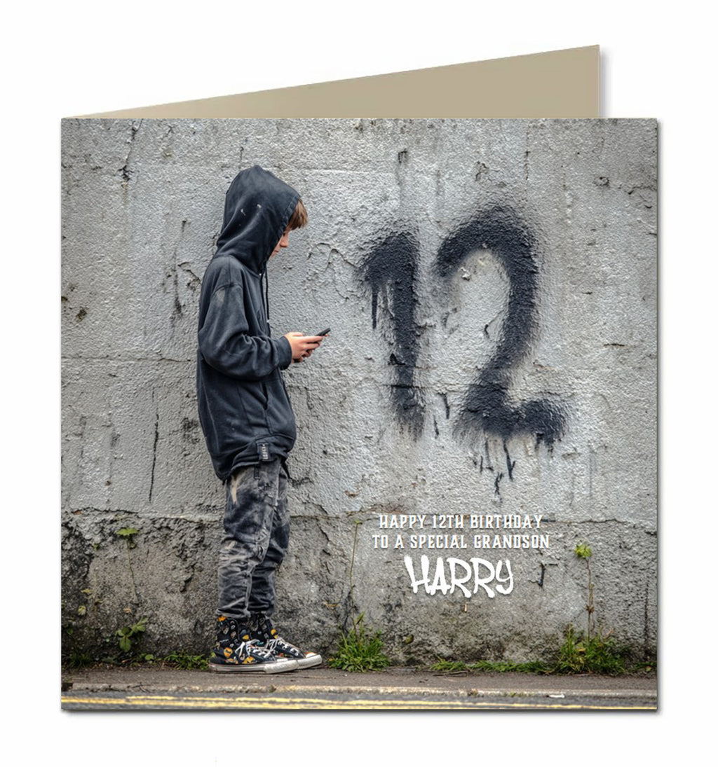 12th Birthday Card for Boys, Grandson, Son, Nephew, Teenager, Trendy, Modern, Selfie, Personalised, 15cm x 15cm, Blank Inside, with White Envelope