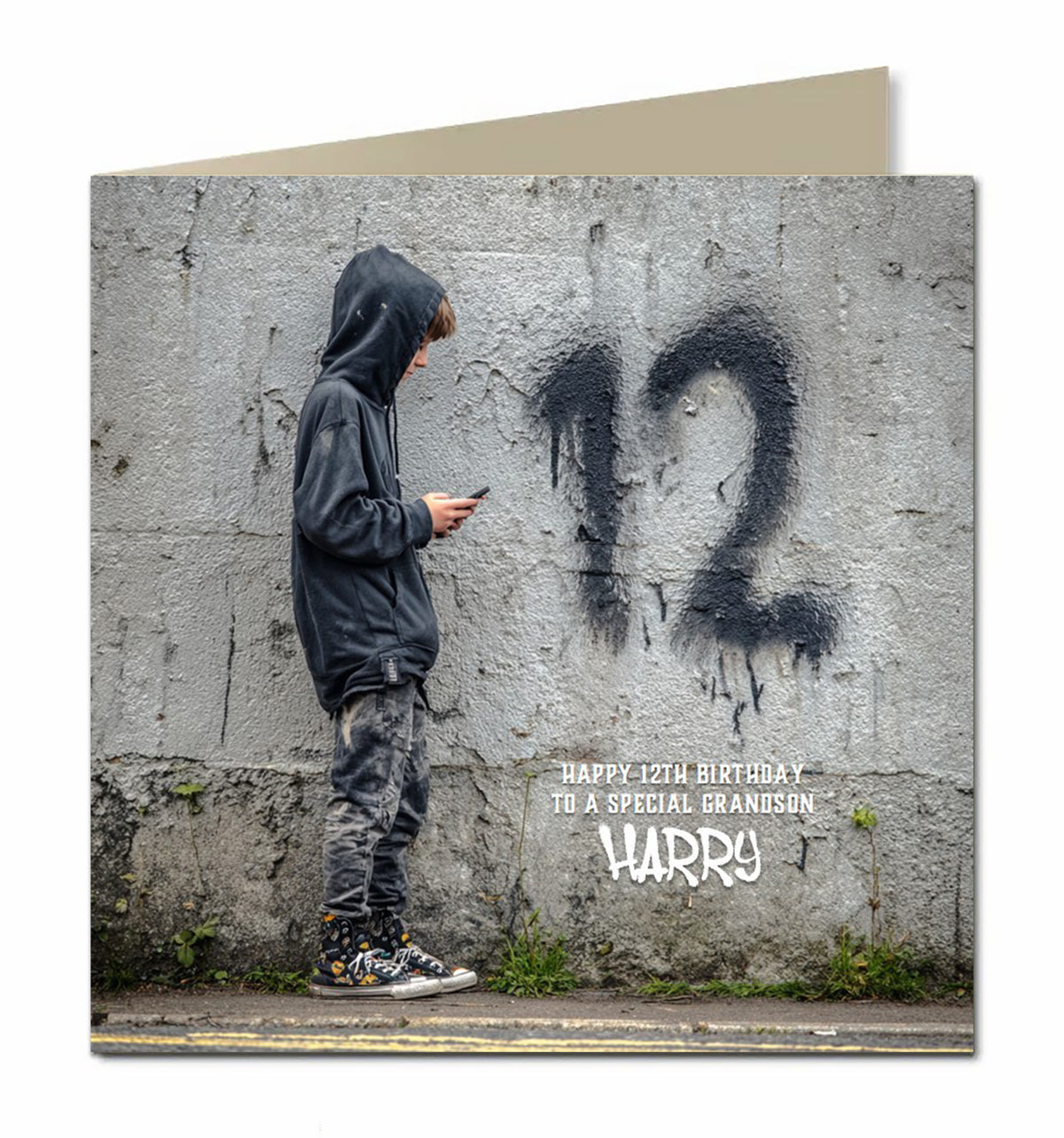 12th Birthday Card for Boys, Grandson, Son, Nephew, Teenager, Trendy, Modern, Selfie, Personalised, 15cm x 15cm, Blank Inside, with White Envelope