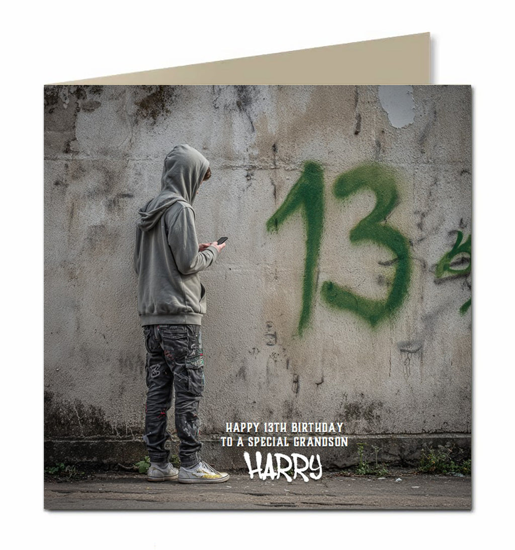 13th Birthday Card for Boys Personalised, Grandson, Son, Nephew, Urban