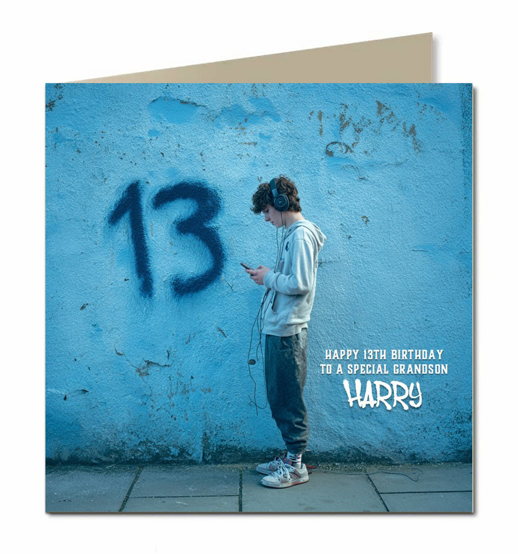 13th Birthday Card for Boys, Grandson, Son, Nephew, Teenager, Trendy, Modern, Selfie, Personalised, 15cm x 15cm, Blank Inside, with White Envelope