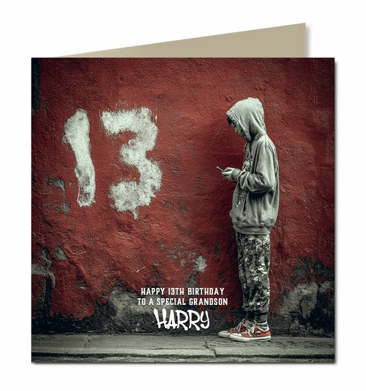 13th Birthday Card for Boys, Grandson, Son, Nephew, Teenager, Trendy, Modern, Selfie, Personalised, 15cm x 15cm, Blank Inside, with White Envelope