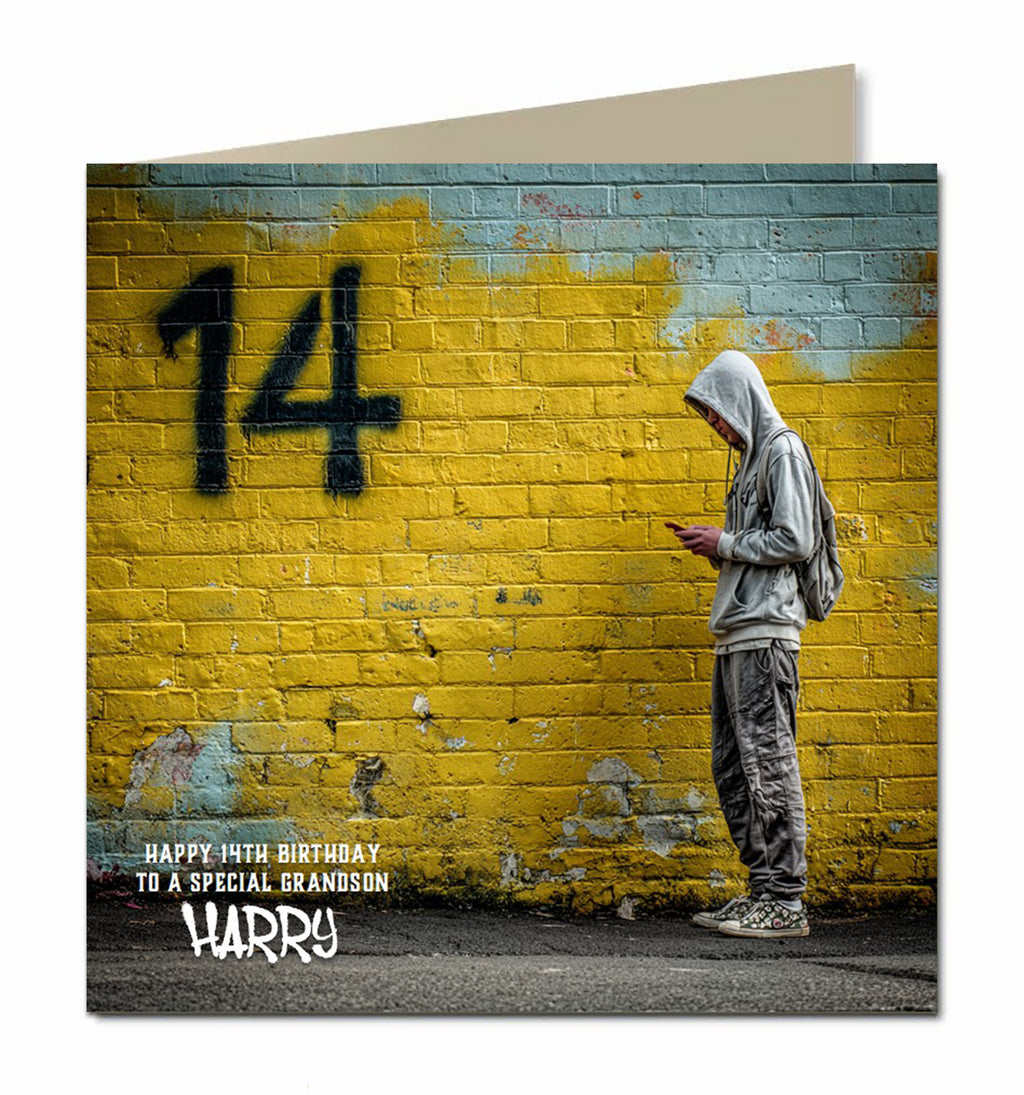 14th Birthday Card for Boys Personalised, Grandson, Son, Nephew, Urban