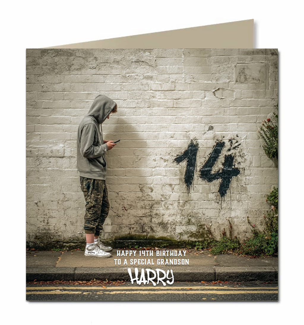 14th Birthday Card for Boys, Grandson, Son, Nephew, Teenager, Trendy, Modern, Selfie, Personalised, 15cm x 15cm, Blank Inside, with White Envelope