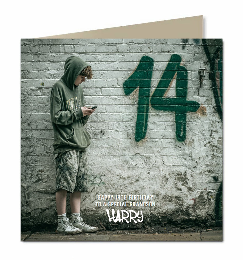 14th Birthday Card for Boys Personalised, Grandson, Son, Nephew, Urban