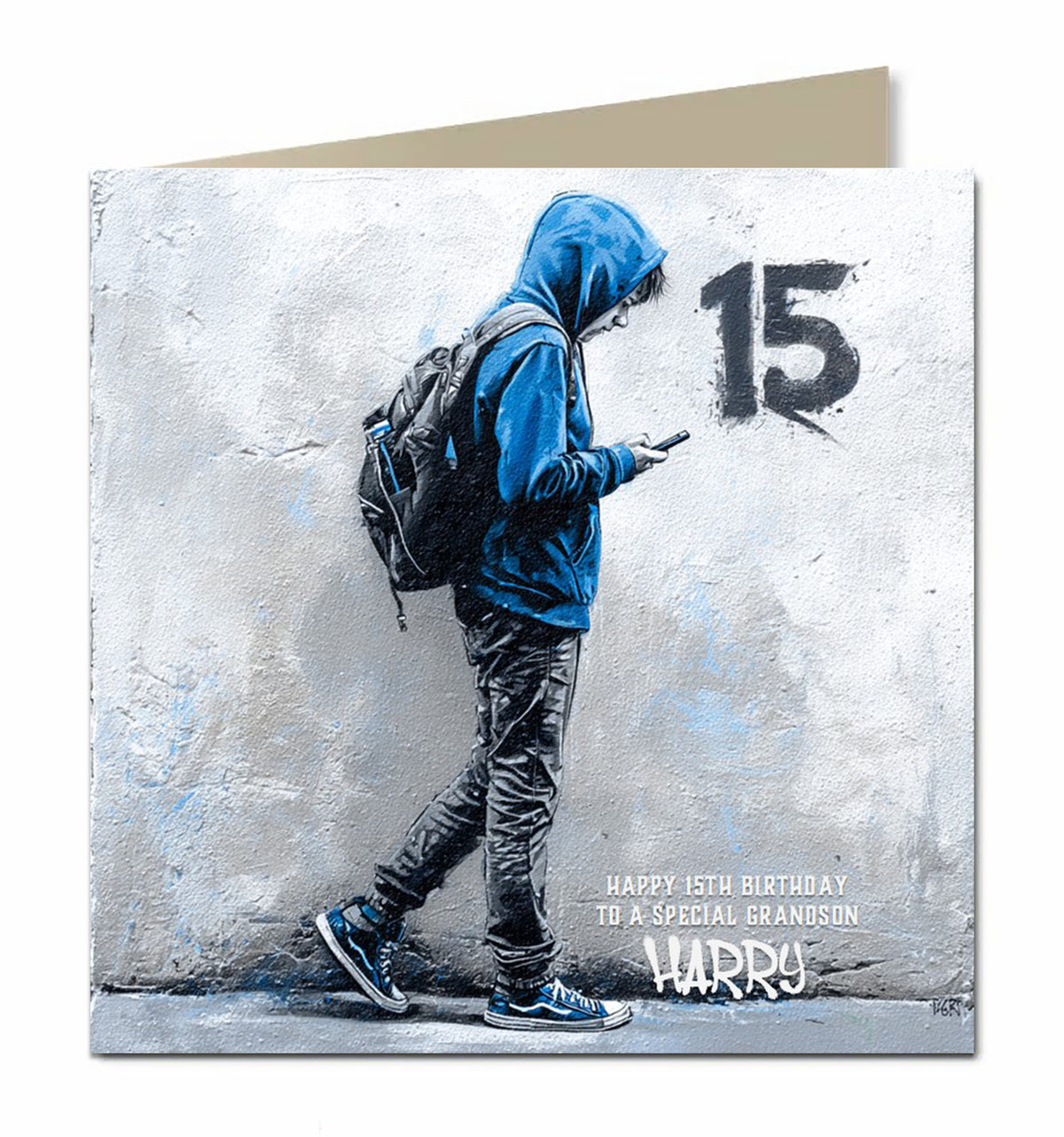 15th Birthday Card for Boys, Grandson, Son, Nephew, Teenager, Trendy, Modern, Selfie, Personalised, 15cm x 15cm, Blank Inside, with White Envelope