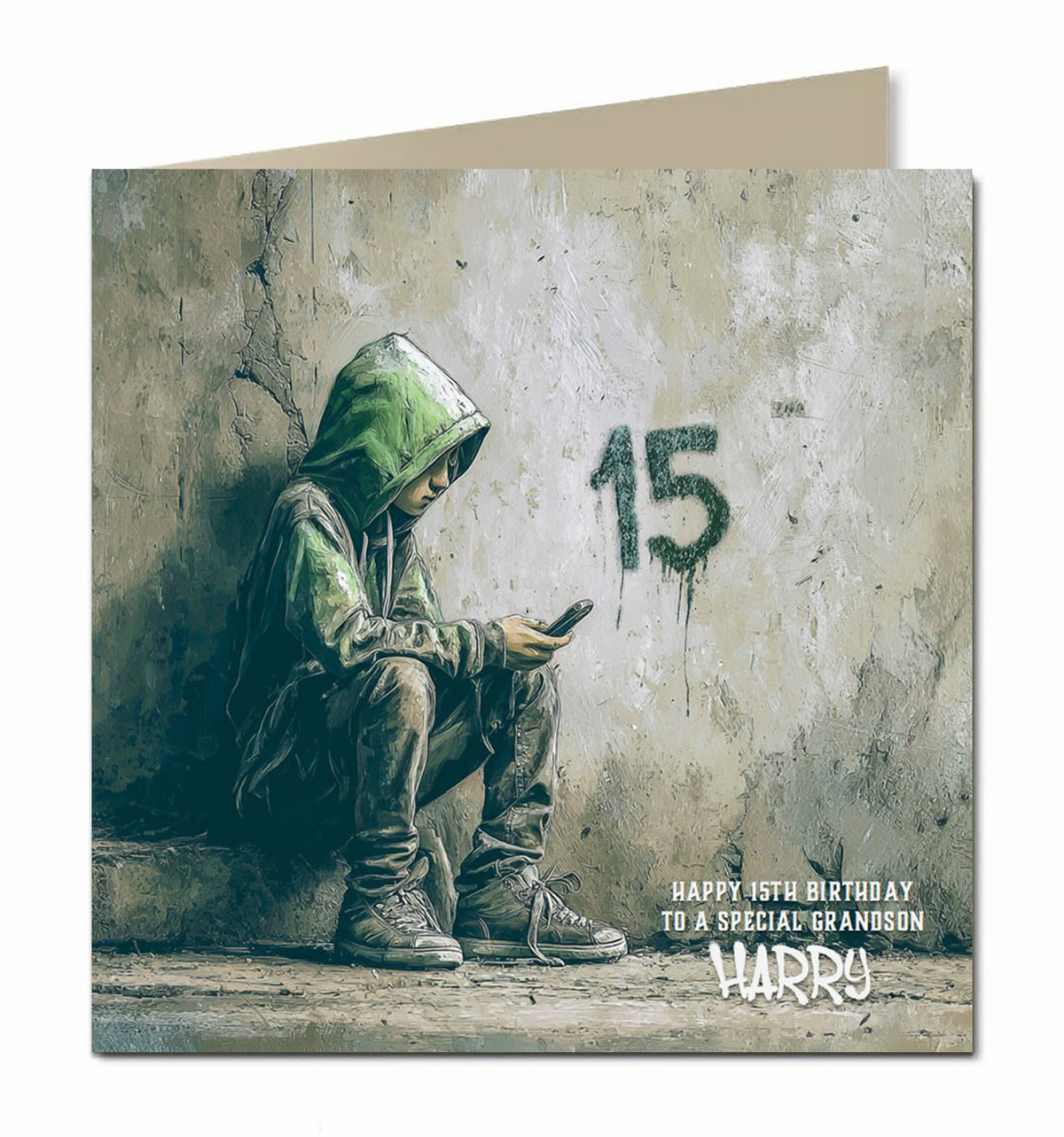 15th Birthday Card for Boys, Grandson, Son, Nephew, Teenager, Trendy, Modern, Selfie, Personalised, 15cm x 15cm, Blank Inside, with White Envelope
