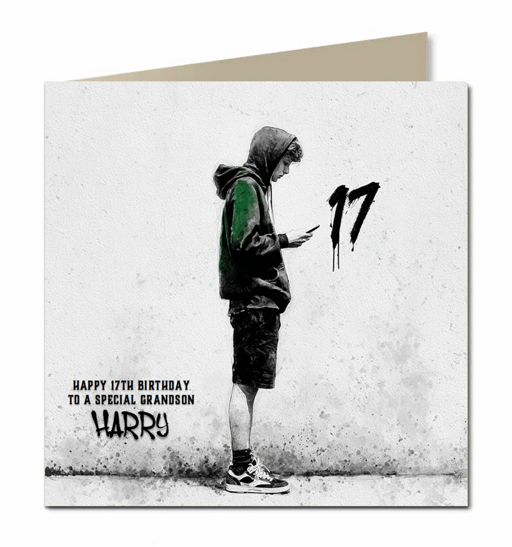 17th Birthday Card for Boys Personalised, Grandson, Son, Nephew, Urban