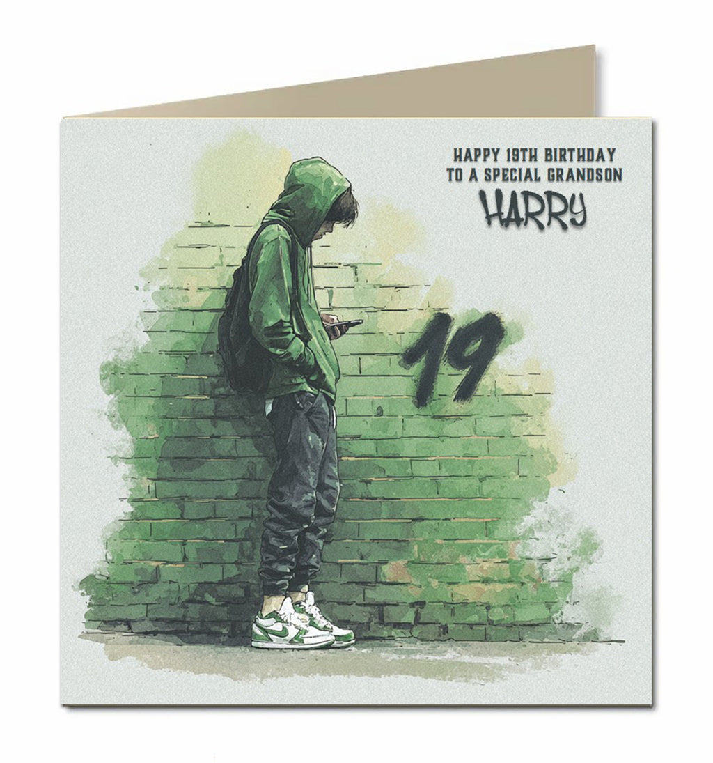 19th Birthday Card for Boys, Grandson, Son, Nephew, Teenager, Trendy, Modern, Selfie, Personalised, 15cm x 15cm, Blank Inside, with White Envelope