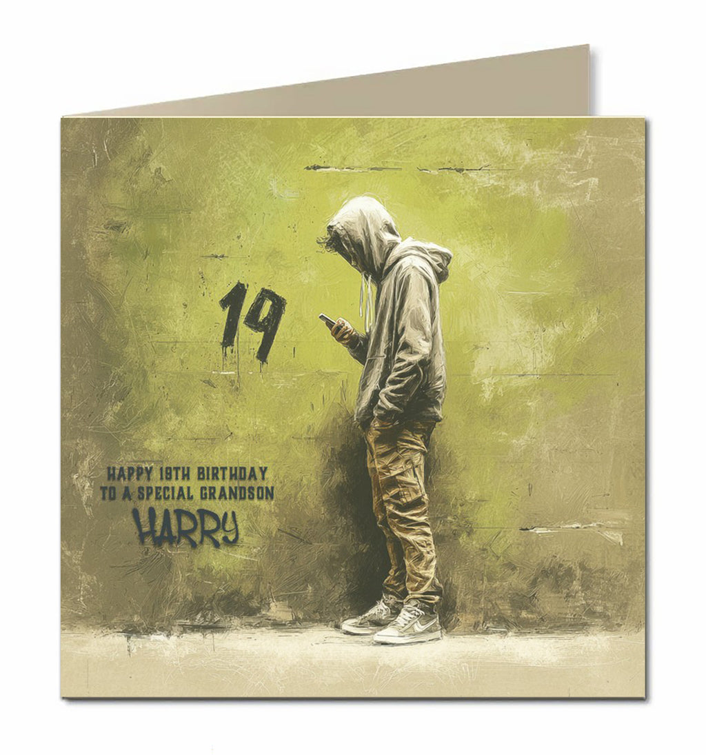 19th Birthday Card for Boys, Grandson, Son, Nephew, Teenager, Trendy, Modern, Selfie, Personalised, 15cm x 15cm, Blank Inside, with White Envelope