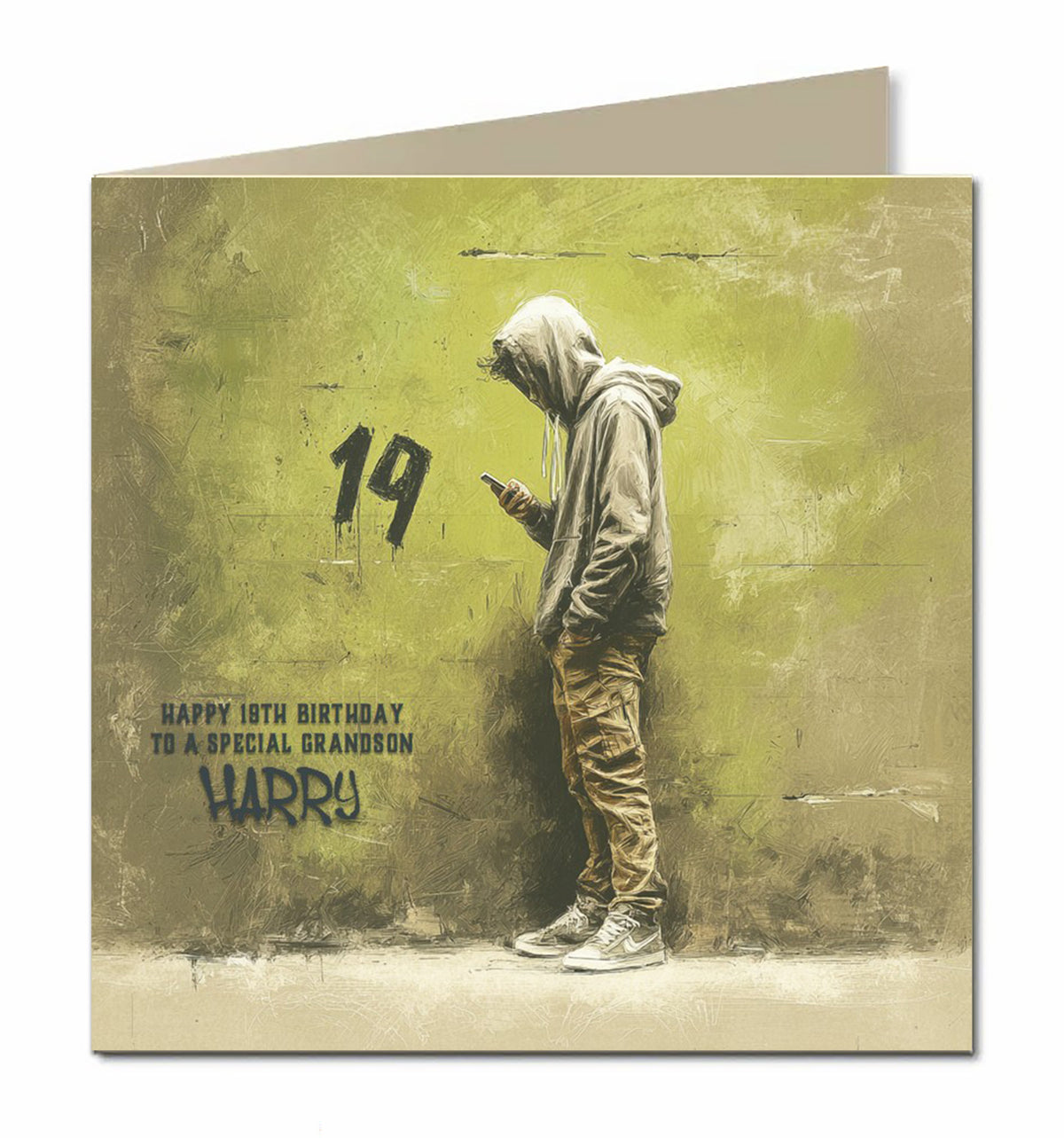 19th Birthday Card for Boys, Grandson, Son, Nephew, Teenager, Trendy, Modern, Selfie, Personalised, 15cm x 15cm, Blank Inside, with White Envelope