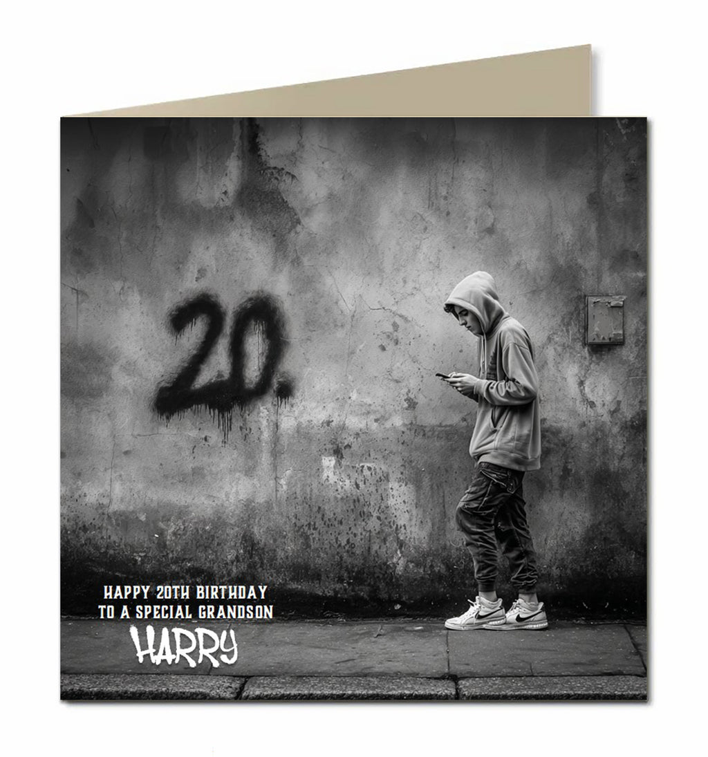 20th Birthday Card for Boys, Grandson, Son, Nephew, Teenager, Trendy, Modern, Selfie, Personalised, 15cm x 15cm, Blank Inside, with White Envelope