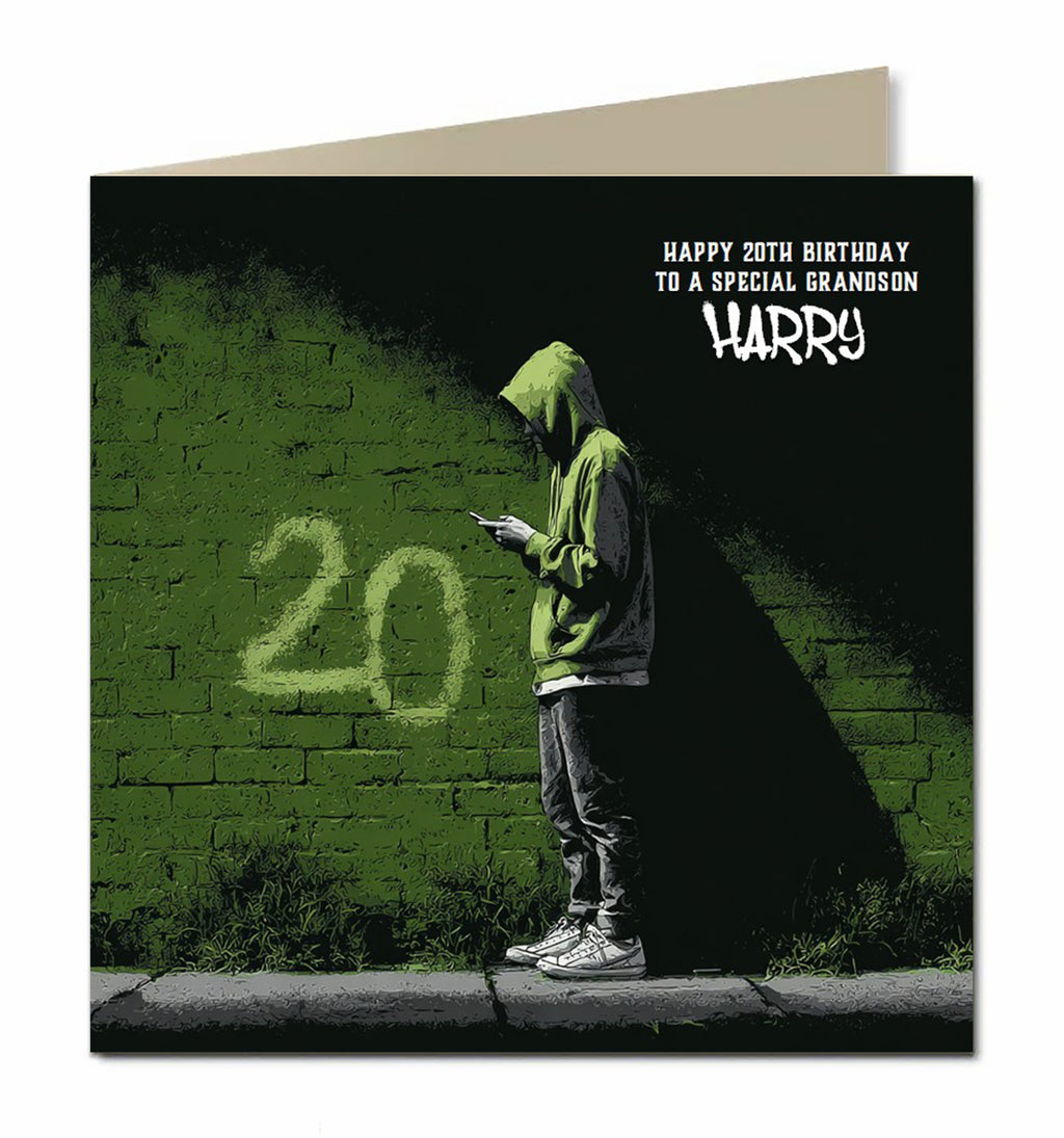 20th Birthday Card for Boys, Grandson, Son, Nephew, Teenager, Trendy, Modern, Selfie, Personalised, 15cm x 15cm, Blank Inside, with White Envelope