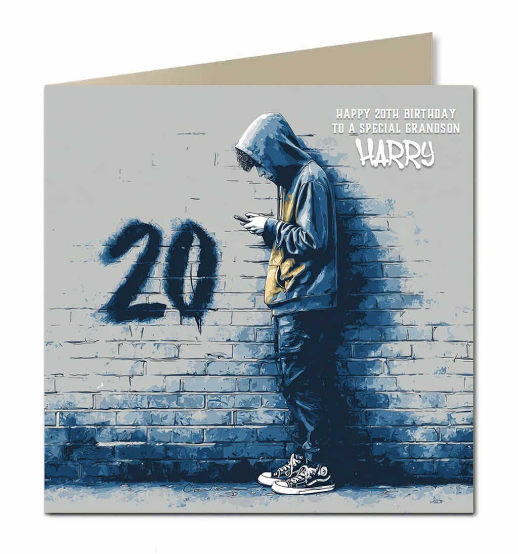 20th Birthday Card for Boys, Grandson, Son, Nephew, Teenager, Trendy, Modern, Selfie, Personalised, 15cm x 15cm, Blank Inside, with White Envelope
