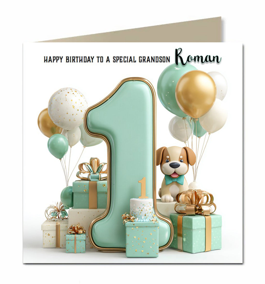 1st Birthday Card for Boys, Grandson, Son, Nephew, First, 15cm x 15cm, Blank Inside, with White Envelope