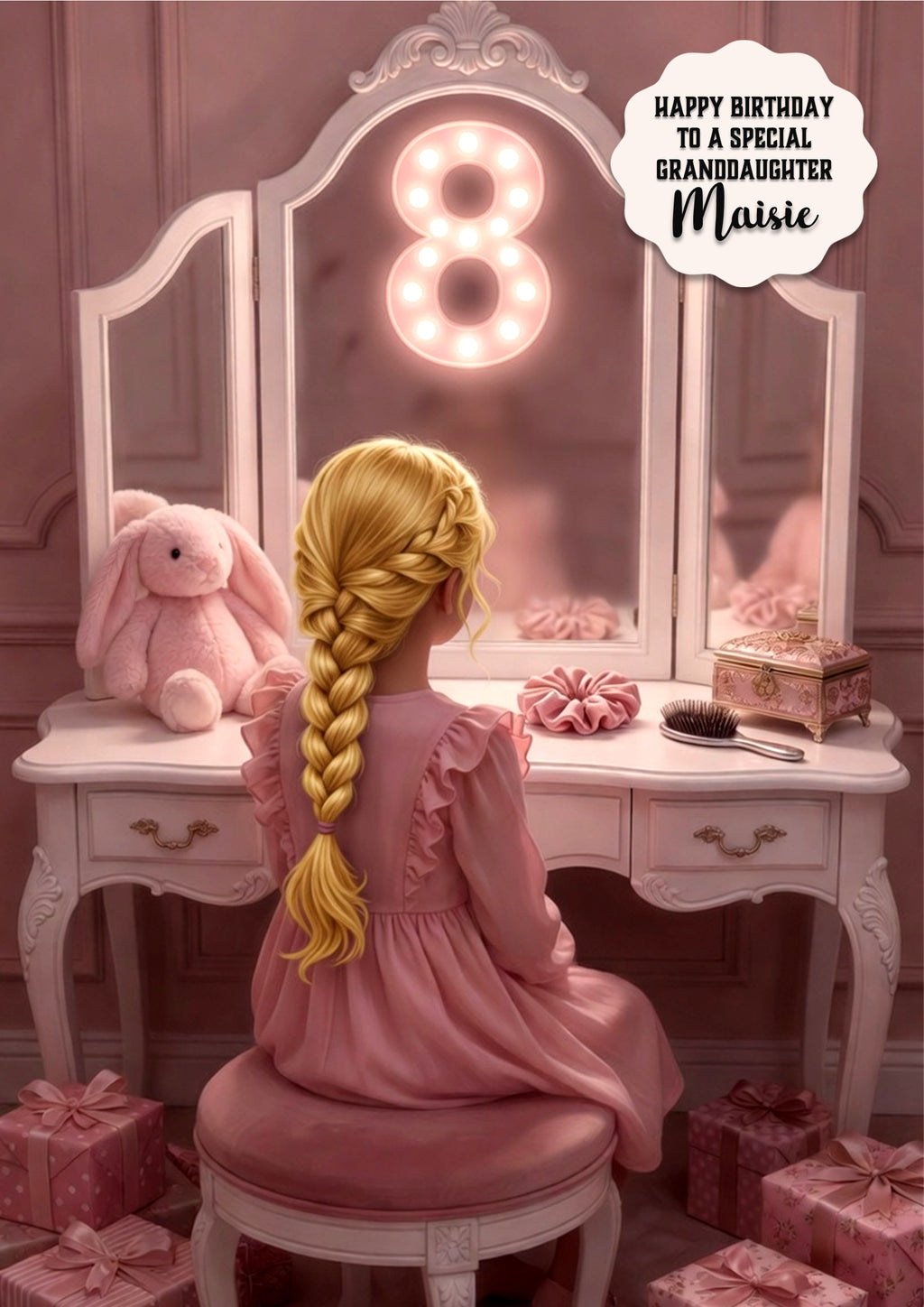 Personalised 8th Birthday Card - Girl at a Dressing Table - Blonde Hair