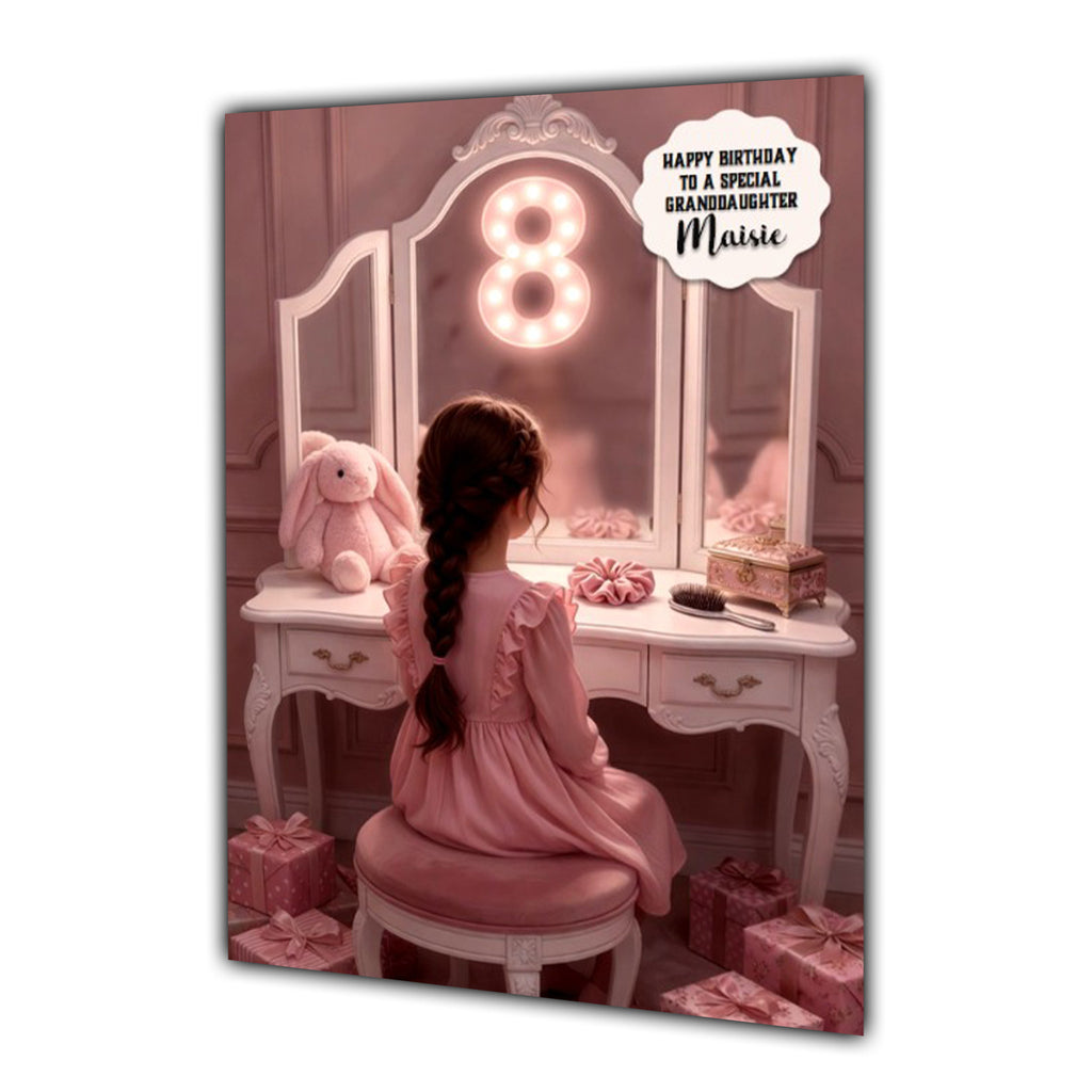 Personalised 8th Birthday Card - Girl at a Dressing Table - Brown Hair